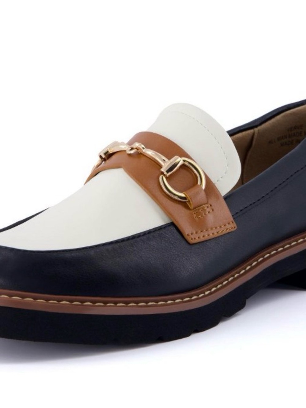 Classic Two-Tone Leather Loafers with Gold Hardware - Navy/Cream/Tan